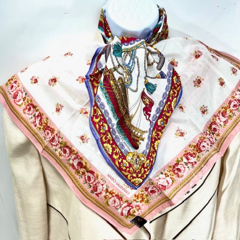 New  Set of 2 Handkerchief/Mini Scarfs Valentino, cotton 18" red pink floral(25) - Picture 3 of 10